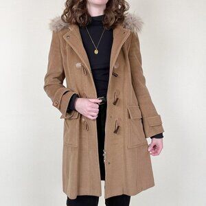 Vintage 100% Cashmere Fur Hood Duffle Jacket Peacoat Toggle Long Winter Pea Coat